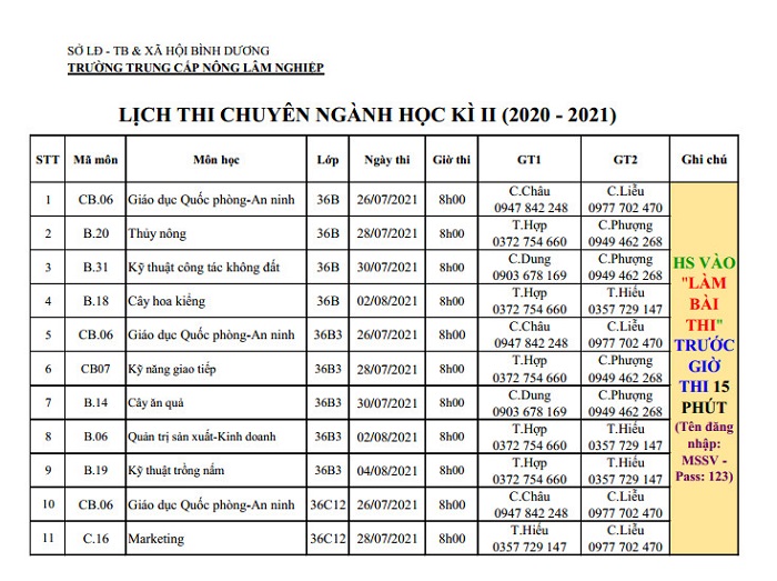 Lịch thi chuyên ngành HK2, năm học 2020-2021