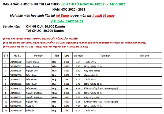 Danh sách thi lại theo lịch thi từ 4/10 đến 14/10