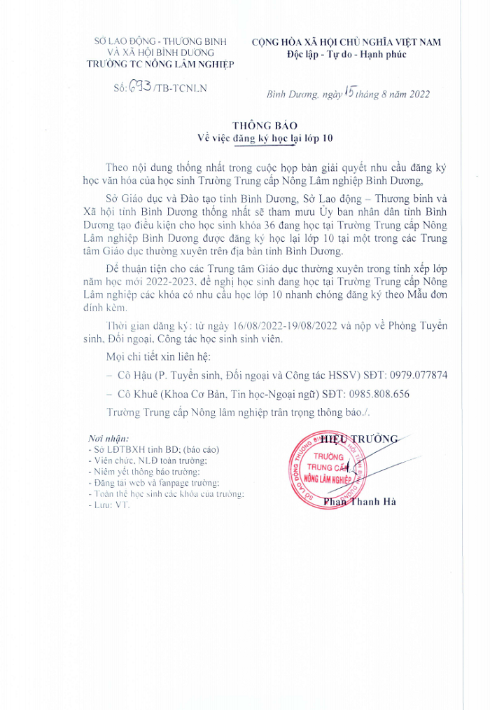 Thông báo về việc đăng ký học lại lớp 10