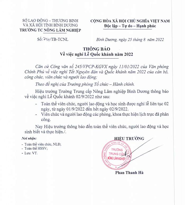 Thông báo nghỉ lễ Quốc khánh 02-9-2022