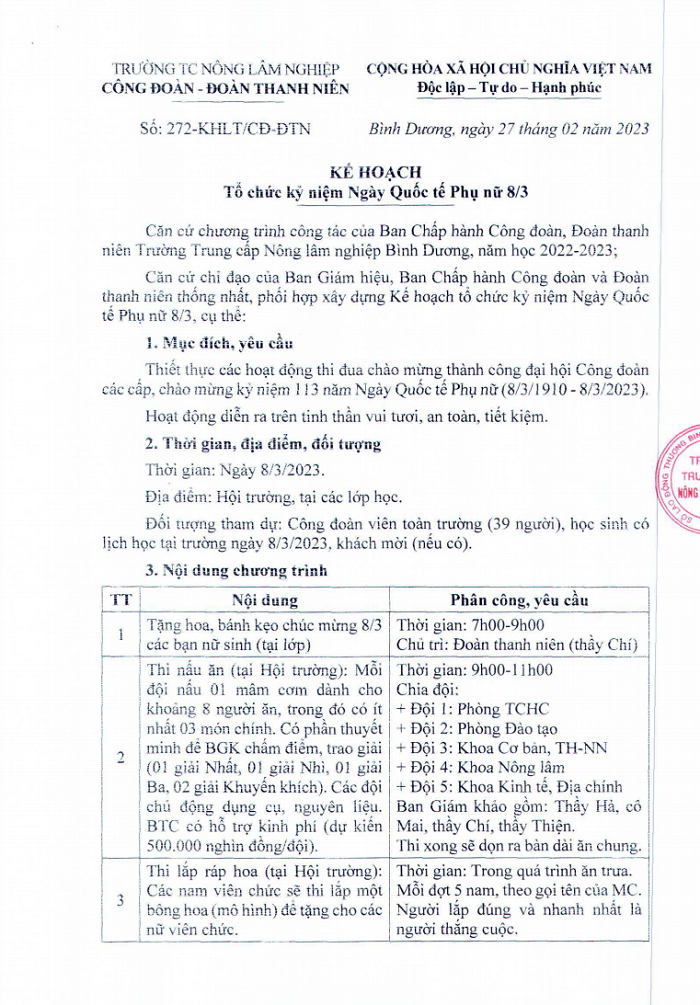 Kế hoạch tổ chức kỷ niệm Ngày Quốc tế Phụ nữ 8-3