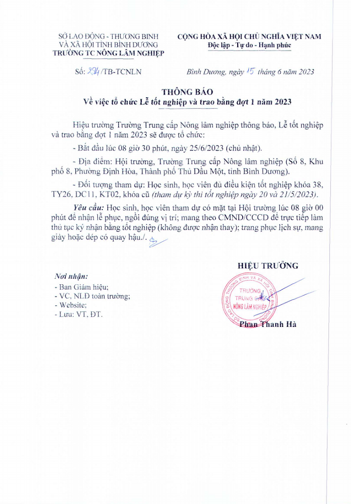 Thông báo tổ chức Lễ tốt nghiệp và trao bằng ngày 25-6-2023