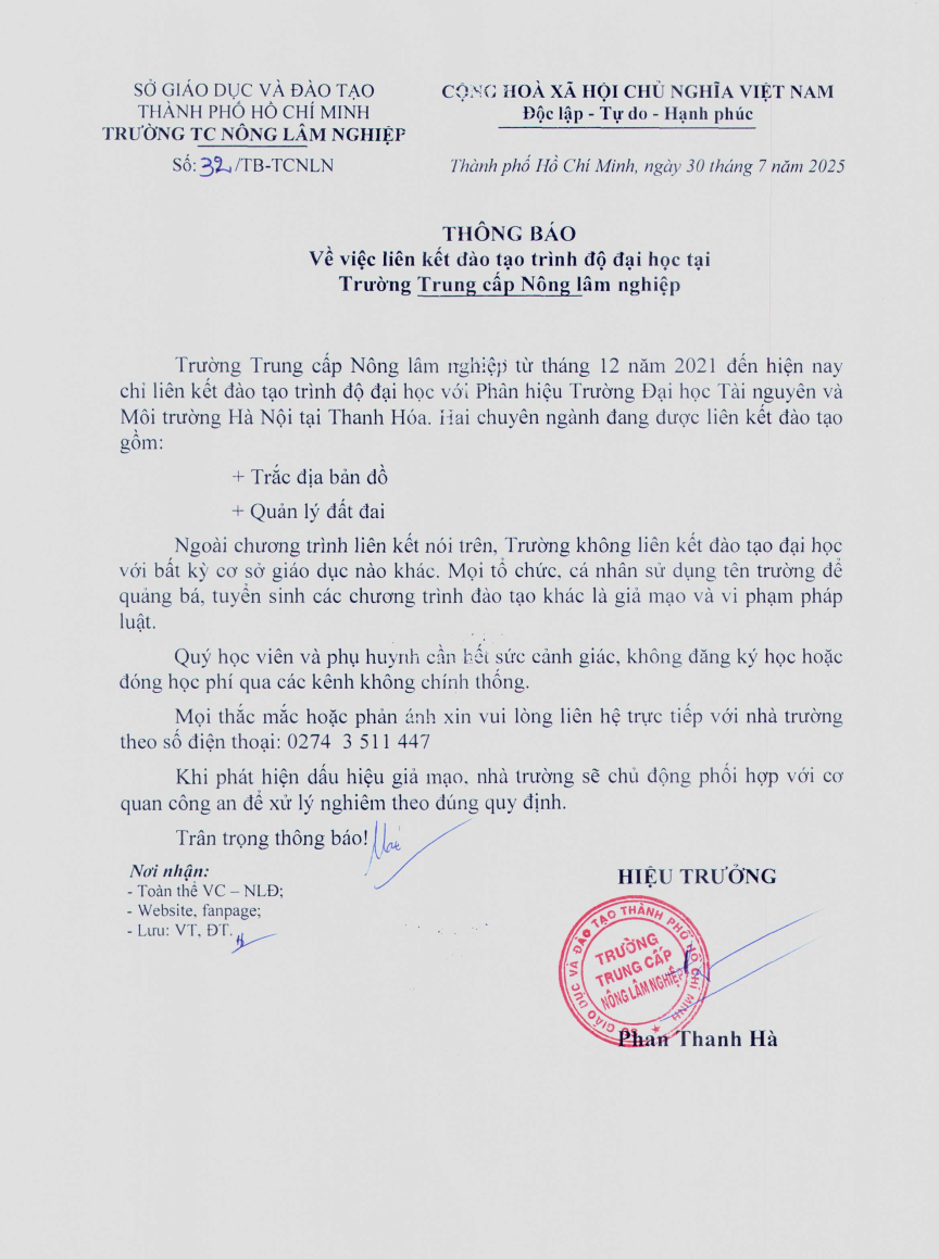 Thông báo về việc liên kết đào tạo trình độ Đại học tại Trường Trung cấp Nông lâm nghiệp