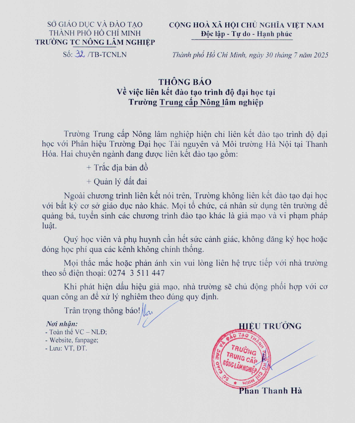 Thông báo về việc liên kết đào tạo trình độ Đại học tại Trường Trung cấp Nông lâm nghiệp