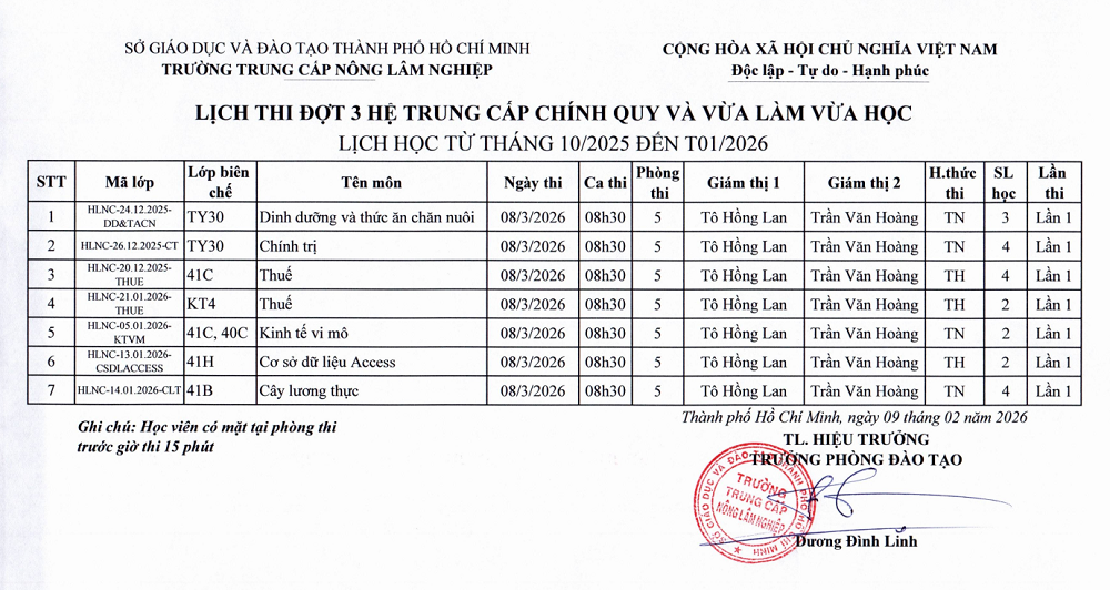 Lịch thi đợt 3 năm 2026 các lớp chính quy và vừa làm vừa học