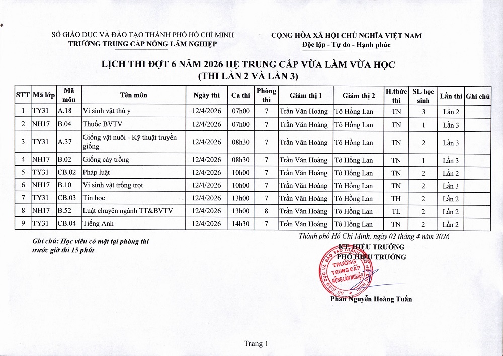 Lịch thi đợt 6 năm 2026 - Hệ vừa làm vừa học (lần 2, lần 3)