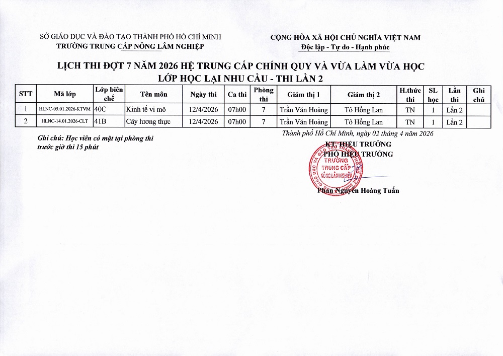 Lịch thi đợt 7 năm 2026 - Học lại theo nhu cầu (40C-41B)