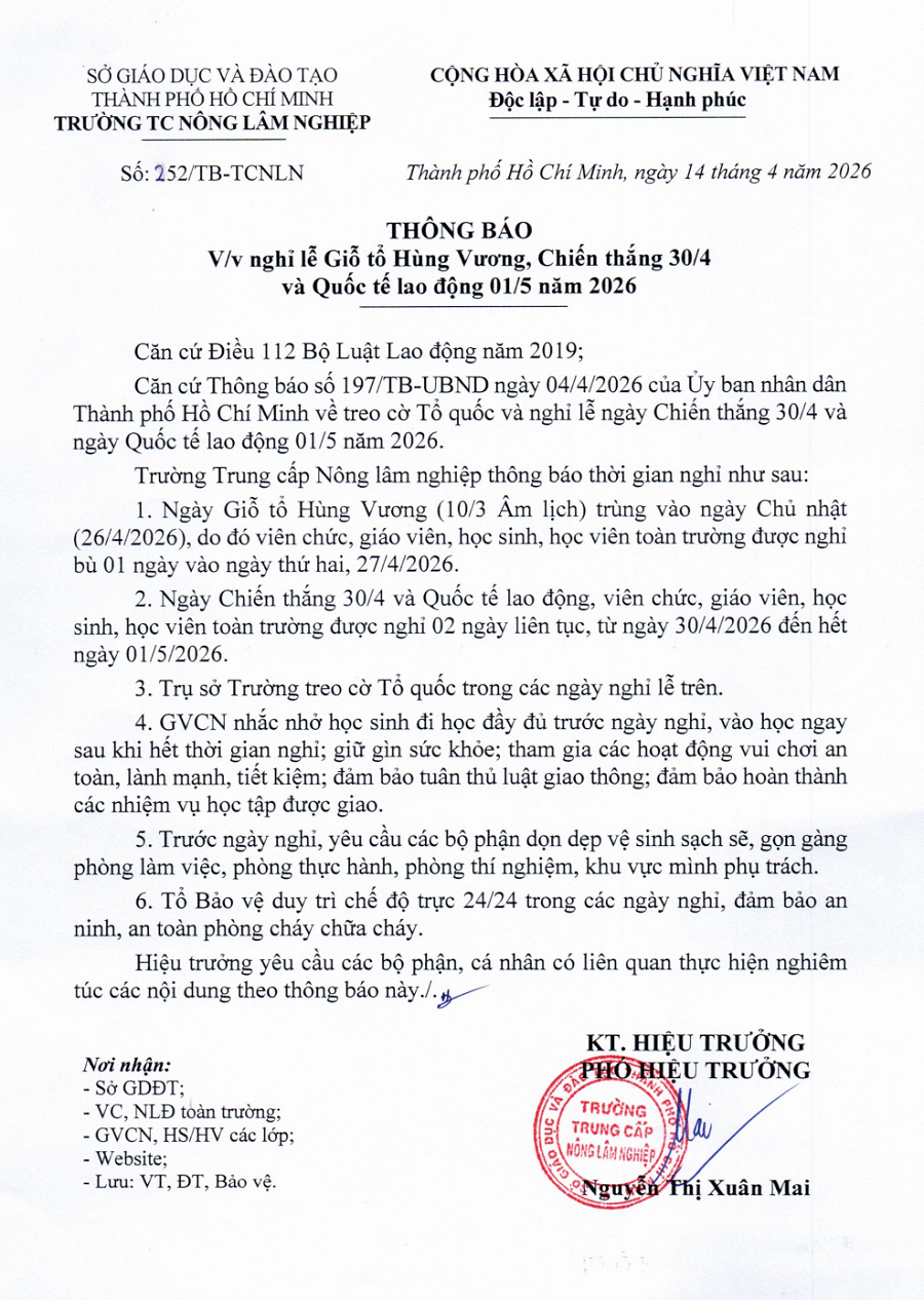 Thông báo nghỉ lễ Giỗ tổ Hùng Vương, Chiến thắng 30/4 và Quốc tế lao động 01/5 năm 2026
