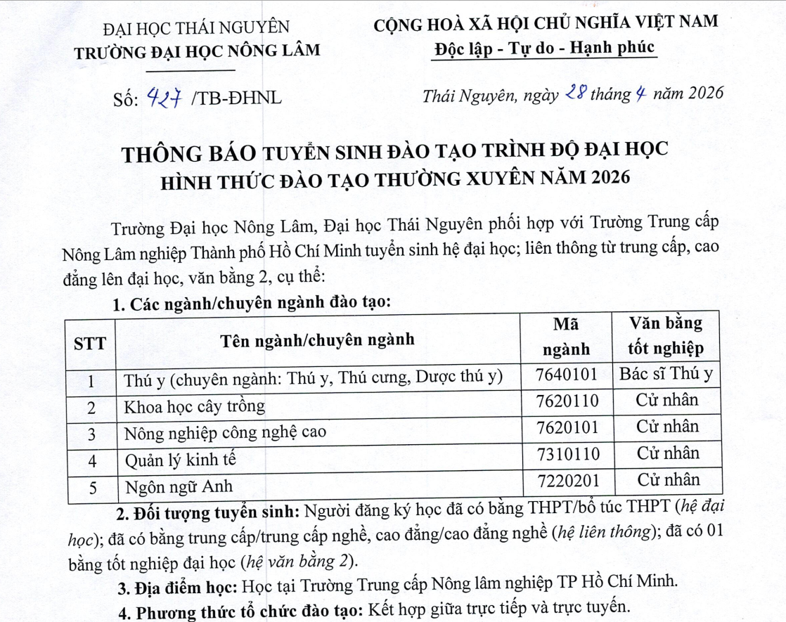 Thông báo tuyển sinh đào tạo trình độ đại học hình thức đào tạo thường xuyên năm 2026