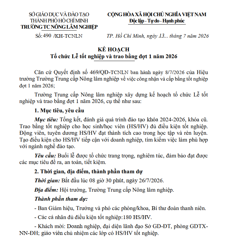 Kế hoạch số 490 tổ chức Lễ tốt nghiệp đợt 1 năm 2026, ngày 26/7/2026