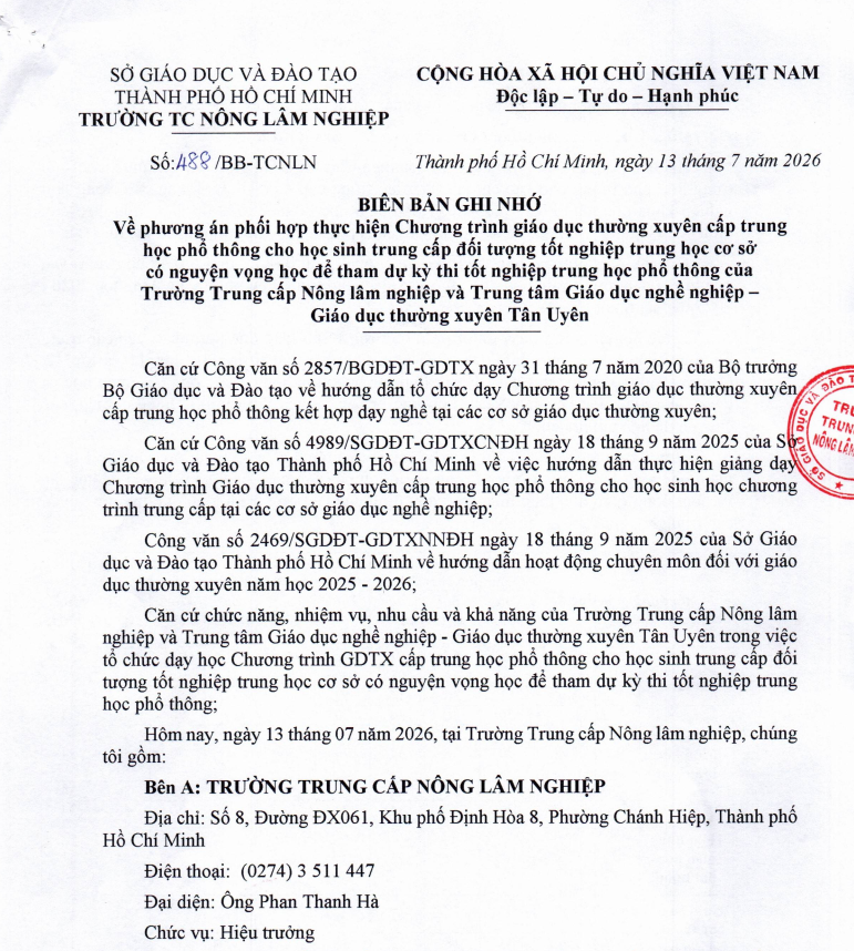 2026-[BB-488]-Biên bản ghi nhớ phối hợp thực hiện chương trình GDTX cấp THPT giữa Trường Trung cấp Nông lâm nghiệp và Trung tâm GDNN-GDTX Tân Uyên
