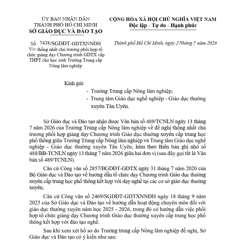 2026-[CV-7438] Công văn của Sở GDĐT TPHCM thống nhất chủ trương phối hợp tổ chức giảng dạy Chương trình GDTX cấp THPT cho học sinh Trường Trung cấp Nông lâm nghiệp