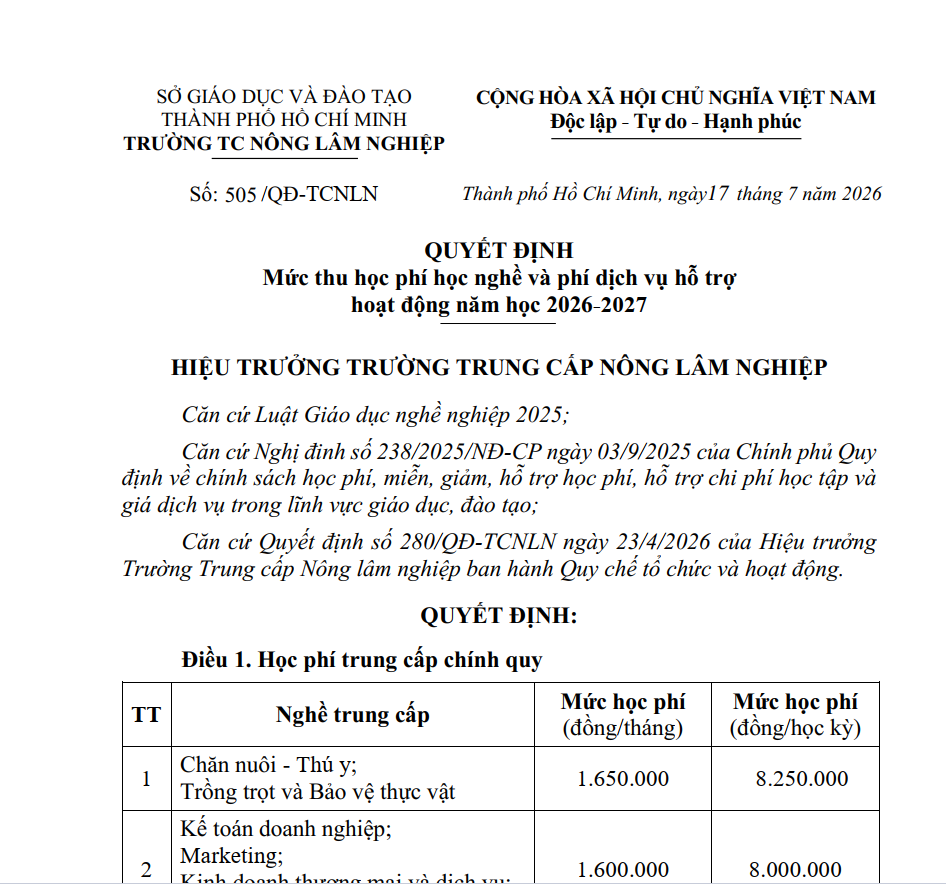 Mức thu học phí học nghề và phí dịch vụ hỗ trợ năm học 2026-2027