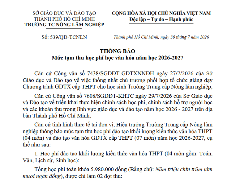 Mức tạm thu học phí văn hóa năm học 2026-2027