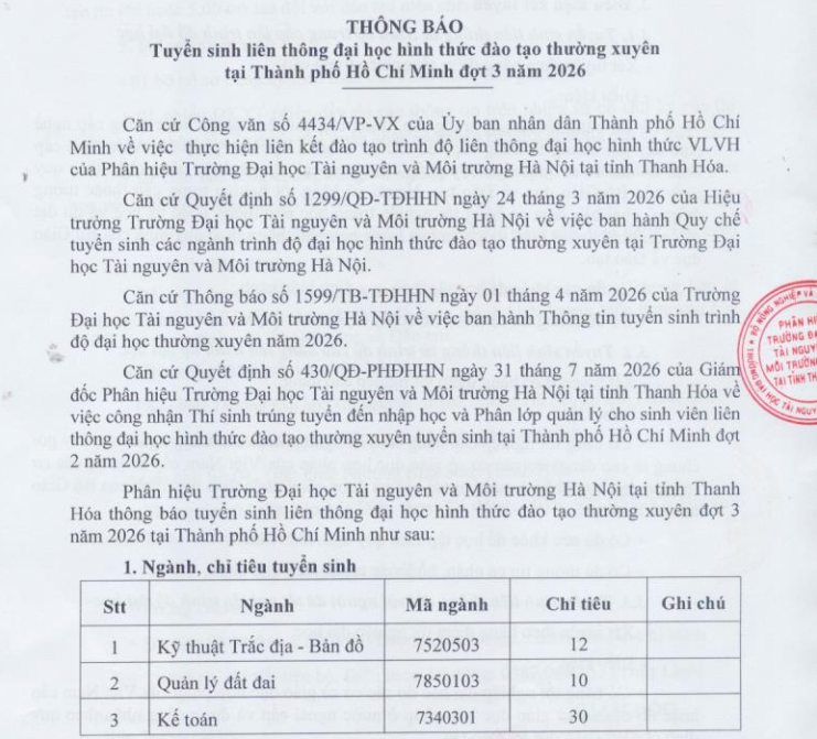 Thông báo tuyển sinh liên thông đại học hình thức đào tạo thường xuyên đợt 3, ngành Kỹ thuật trắc địa bản đồ, Quản lý đất đai, Kế toán