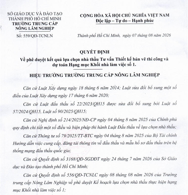 2026-[QĐ-559]-Quyết định lựa chọn tư vấn thiết kế khối nhà số 1