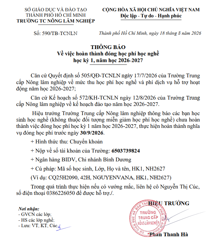 Thông báo hoàn thành học phí học nghề học kỳ 1, năm học 2026-2027