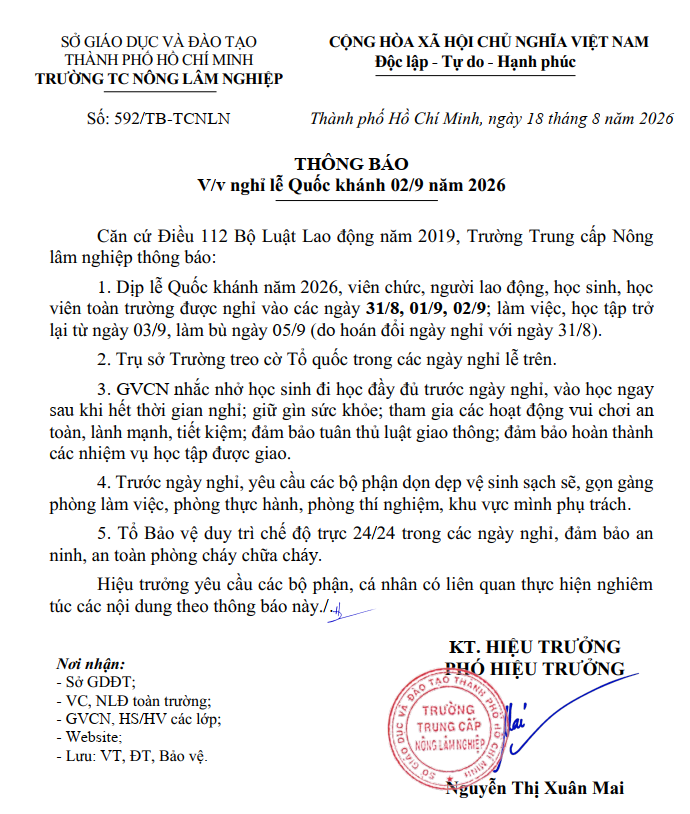 Thông báo thời gian nghỉ lễ Quốc khánh năm 2026