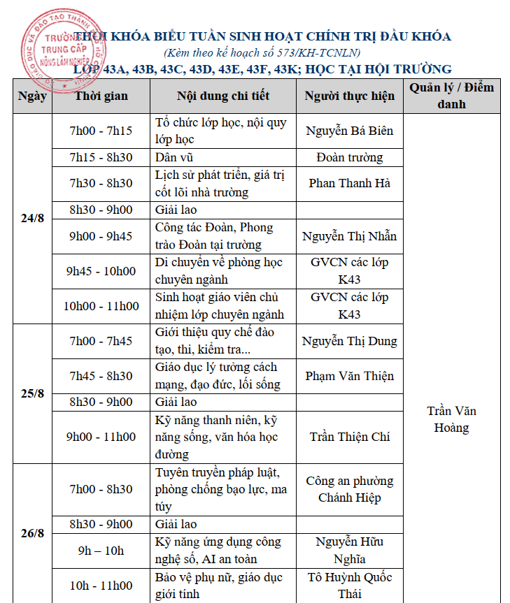 Kế hoạch tuần sinh hoạt công dân Khóa 43 (từ 24 đến 28/8/2026)