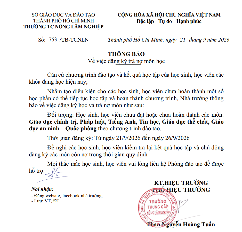 Thông báo về việc đăng ký trả nợ môn học