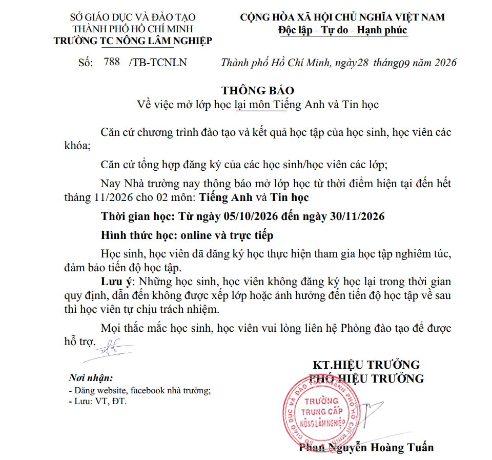 Thông báo mở lớp học lại môn Tiếng Anh, Tin học